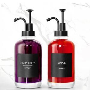 Glass Coffee Syrup Dispenser with 84 Syrup Labels (Set of 2)